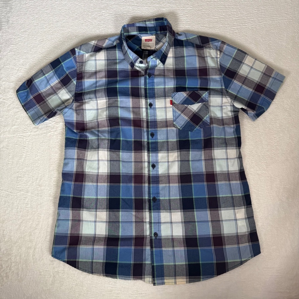 Levis Shirt Mens L Blue Teal Plaid Short Sleeve Casual Button Down Red Tab Large